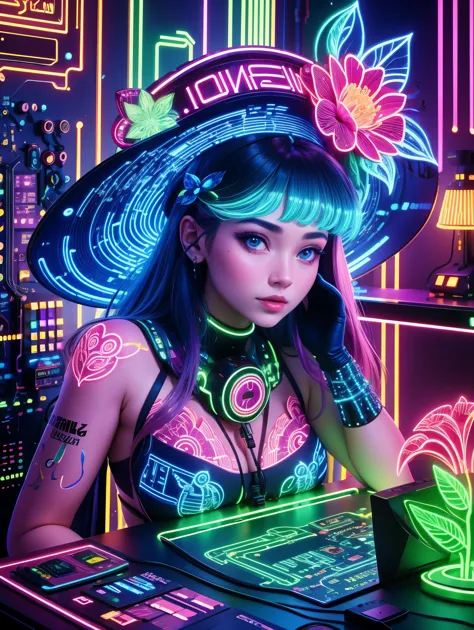 (Neon lights)，circuit boards，(Beautiful girl wearing fruit flower hat), Gurwitz style artwork，Neon lights，(UHD, masterpiece, ccu...