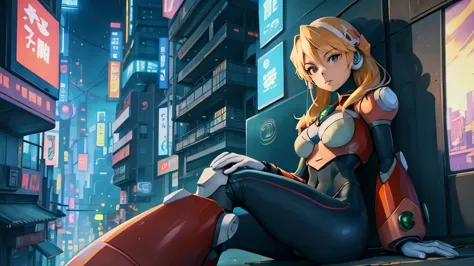 alia_megamanx sitting on the edge of the top of a building in Tokyo - cyberpunk city in the background, SSCI - FI, fantasia, int...