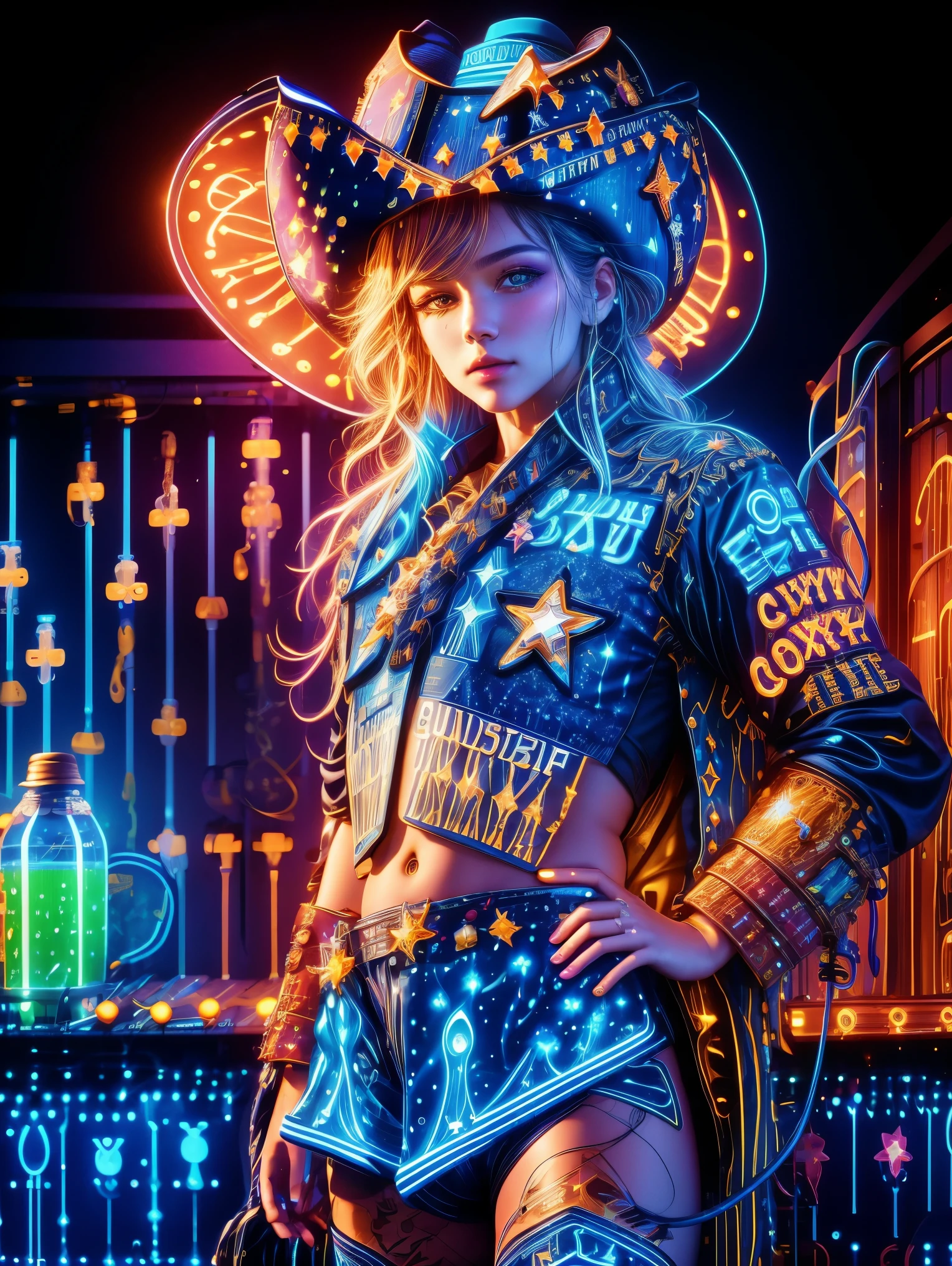 (Neon lights)，circuit boards，top quality，masterpiece:1.2，(Beautiful girl wearing fruit flower hat), Gurwitz style artwork，artistic creativity:1.3，Realistic，Neon lights，(Liquid light background)，(cowboy shot:1.9)，(UHD, masterpiece, ccurate, anatomically correct, textured skin, super detail, high details, award winning, best quality, 8k)