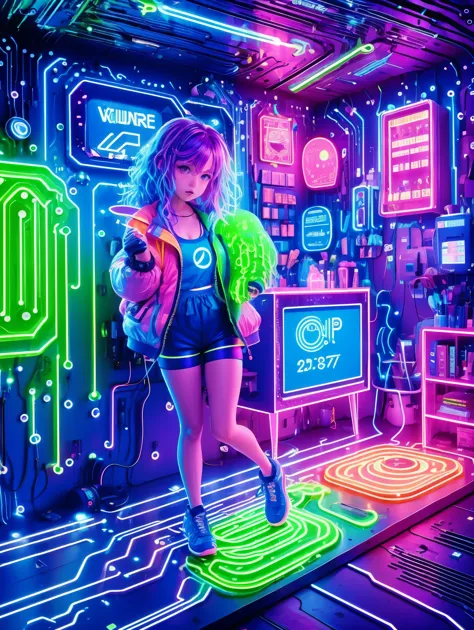 (Neon lights)，circuit boards，Colorful hair，luminescent colors，lamp，(1girl)，look at camera，(slime girl)，(flowy vest shorts:1.3)，t...