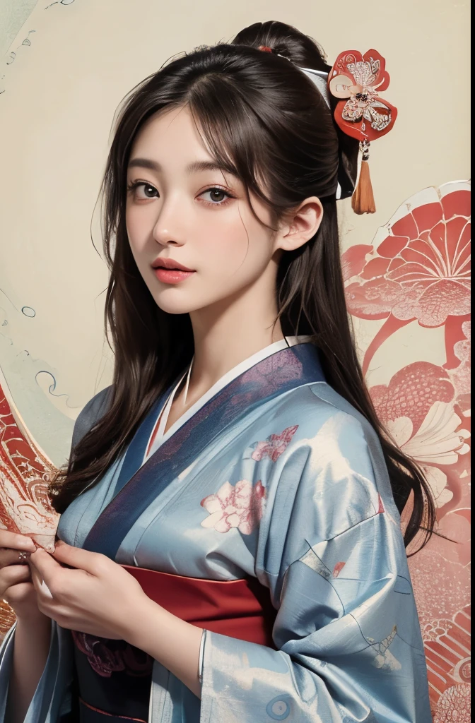 (masseter membrane、Calidad superior、estilo ukiyo-e、misterio、Exquisita y hermosa、Arte oficial、sharaku:1.2)、(1 chica en:1.3)、(Fractal art:1.3)、tiroteo vaquero、piel blanca、(bella morena、kimono:1.2)、Con el telón de fondo de las artes escénicas tradicionales japonesas.、rico y colorido、(carrete、Pertenece al estilo japonés.:1.2)、