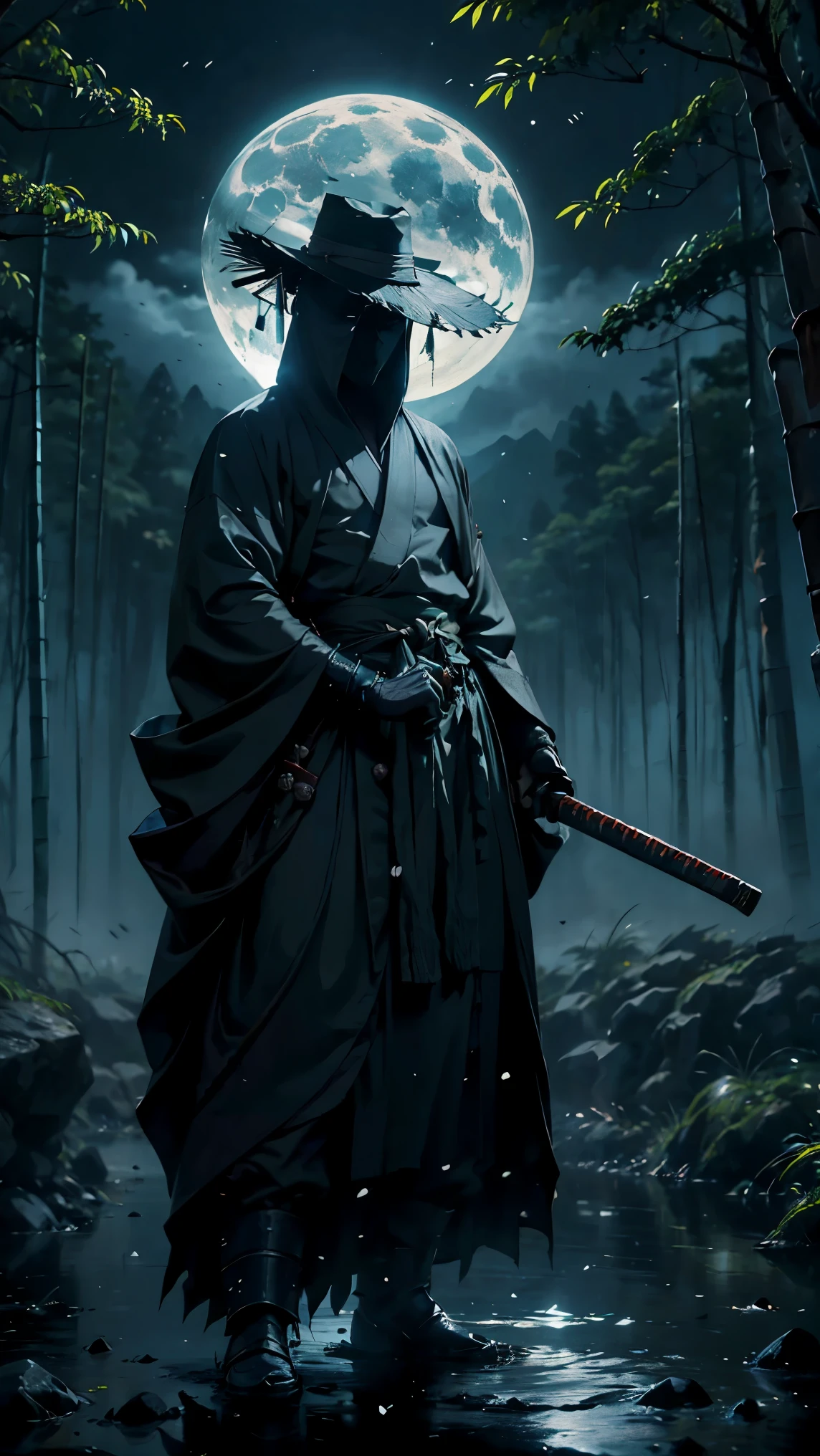 (Best Quality,ultra detailed),dark,wet,artificial raindrops falling,ancient japanese warrior standing in the rain,japanese traditional bamboo hat(fail),dense forest landscape,majestic and serene nature,full moon shining brightly in the night sky,black kimono with fluorescent red stripes that glow in the moonlight,samurai sword sharpened and drawn(katana),