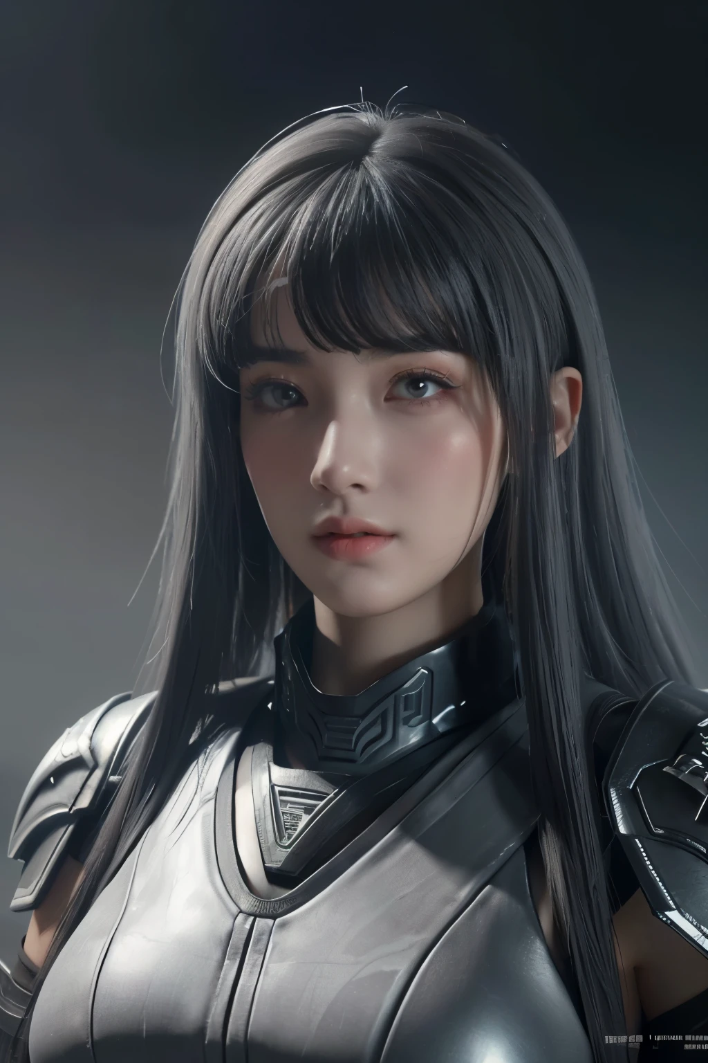 Masterpiece,Game art,The best picture quality,Highest resolution,8K,(Portrait),Unreal Engine 5 rendering works,(Digital Photography),((Portrait Feature:1.5)),
20 year old girl,Short hair details,With long bangs,(The red eye makeup is very meticulous),(With long gray hair:1.4),(Large, full breasts),Elegant and noble,Brave and charming,
(Future armor combined with the characteristics of ancient Chinese armor,Hollow design,Power Armor,The mysterious Eastern runes,A delicate dress pattern,A flash of magic),Warrior of the future,Cyberpunk figures,Background of war,
Movie lights，Ray tracing，Game CG，((3D Unreal Engine))，OC rendering reflection pattern