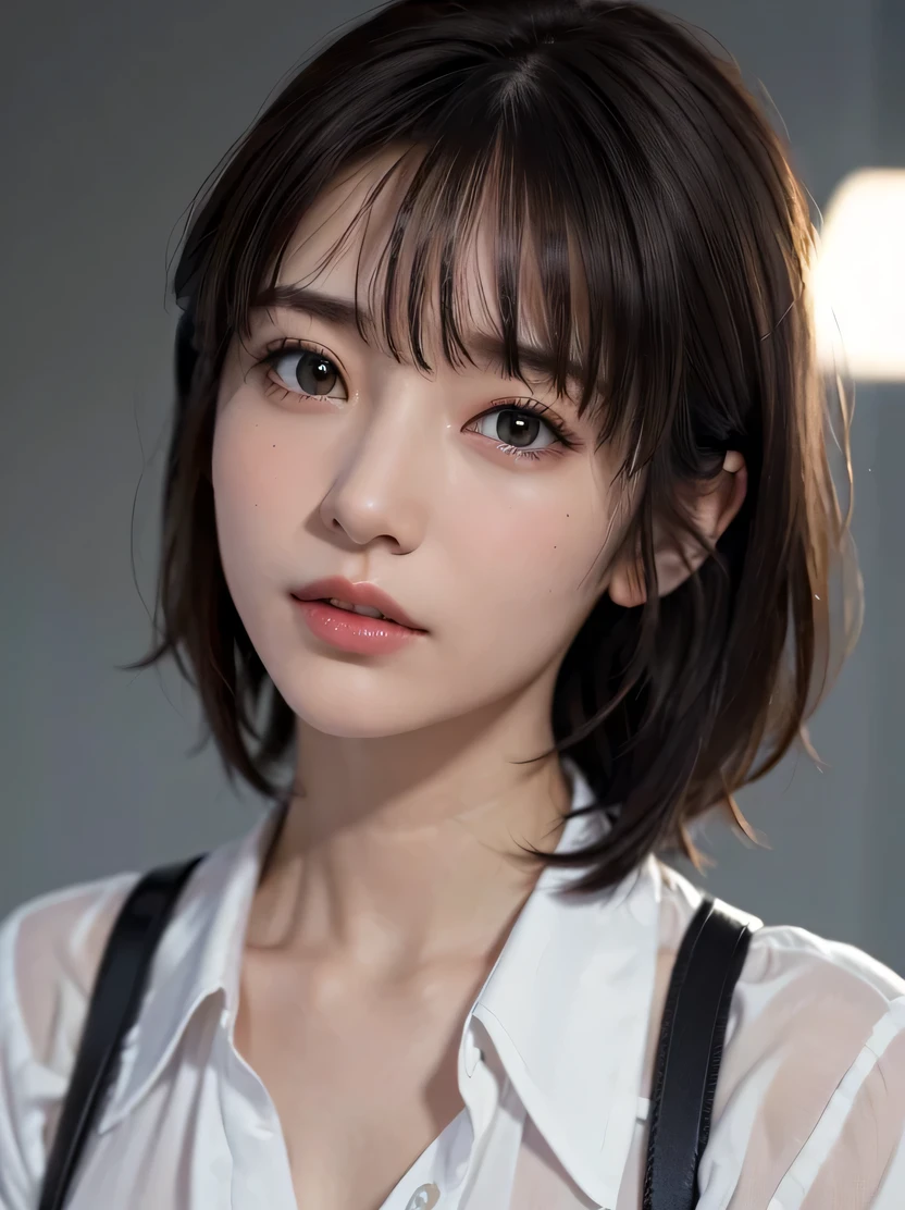 ((masterpiece、highest quality、Super detailed、High resolution、sharp focus、cinematic lighting))、(1 female、middle shot、face light))、30 years old、small face、no makeup、(fine eyes)、detailed beautiful eyes、bangs、dark brown hair、Boyish short-cut hair、(realistic skin)、beautiful skin、(Detailed garment features)、easy costume、open black business shirt、middle chest、cool beauty、Detailed depiction of hands、gray background、Tifa_lock heart