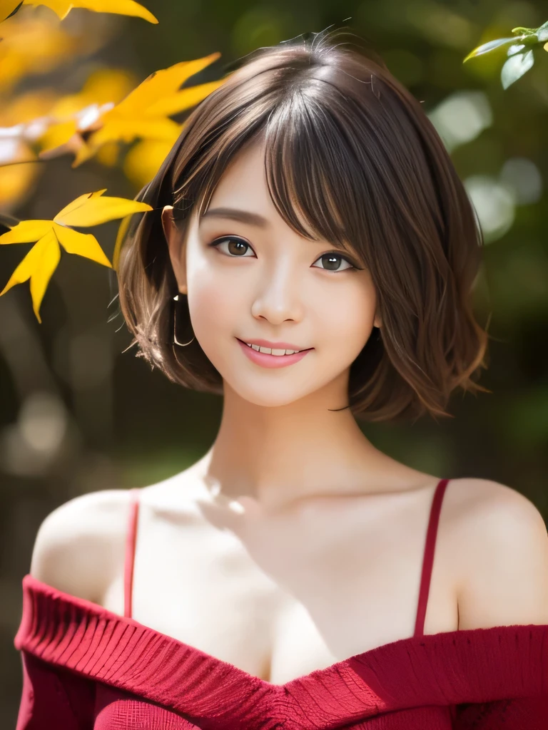 table top, highest quality, shape, Super detailed, finely, High resolution, 8k wallpaper, Perfect dynamic composition、Mature woman 2 cute girl、sweet girl、fiery idol pose、detailed face、Super detailedかわいい目、realistic lips、realistic and beautiful skin、shy smile、wavy brown short cut hair、small breasts、bold sexy pose、Sweater with one shoulder exposed、red autumn leaves、