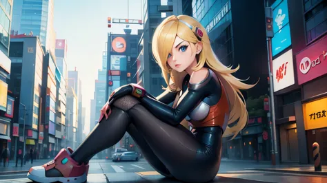 alia_megamanx sitting on the edge of the top of a building in Tokyo - cyberpunk city in the background