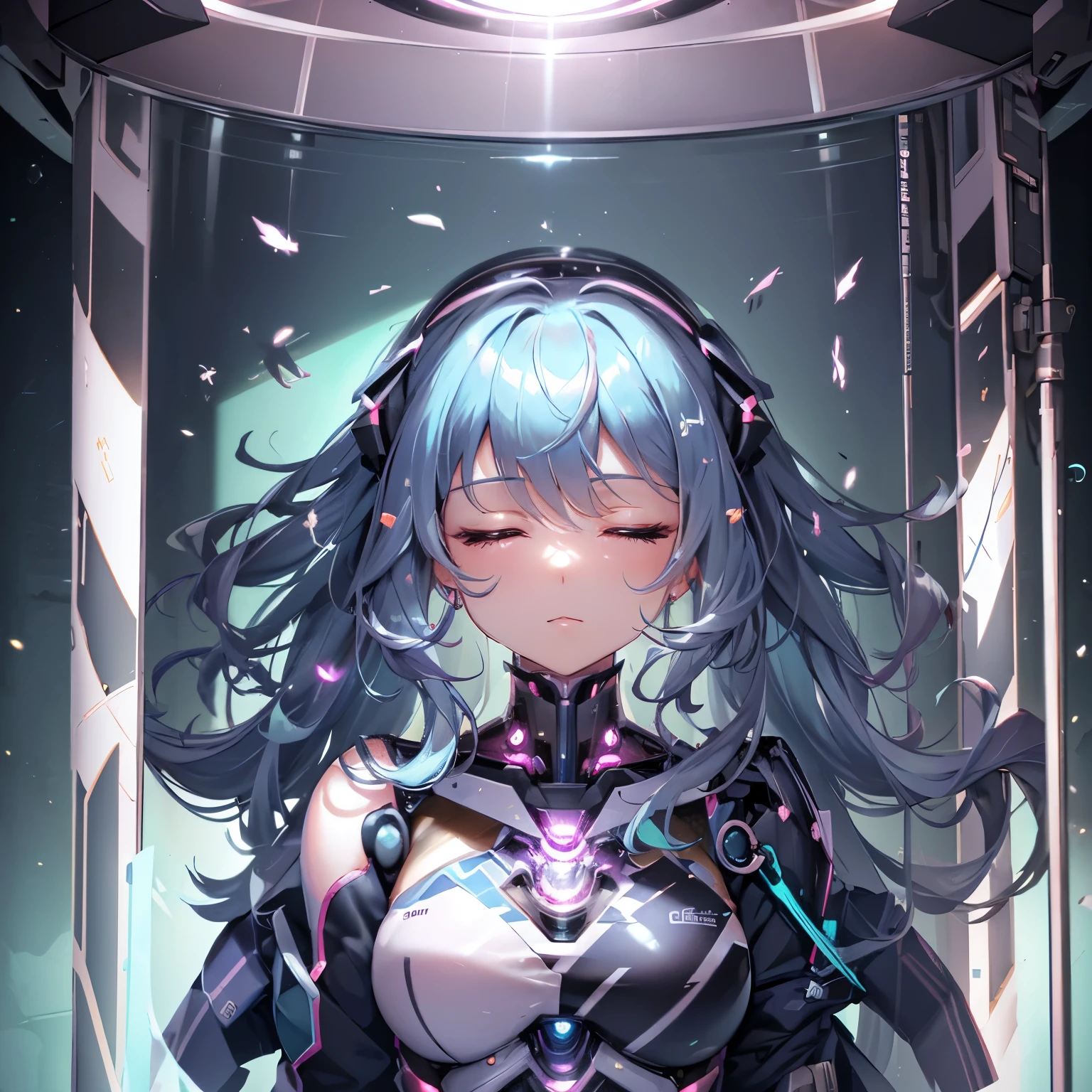 8K quality:1.2,1girl,Super beautiful illustration,Closed eyes,long straight hair,beautiful face,detailed face,Super beautiful woman,anime cyborg,Mecha,maintenance,connected to a plug,inside the glass tank,inside the container,brightly colored neon,bio computer,cyber-,near future,SF,Spotlight