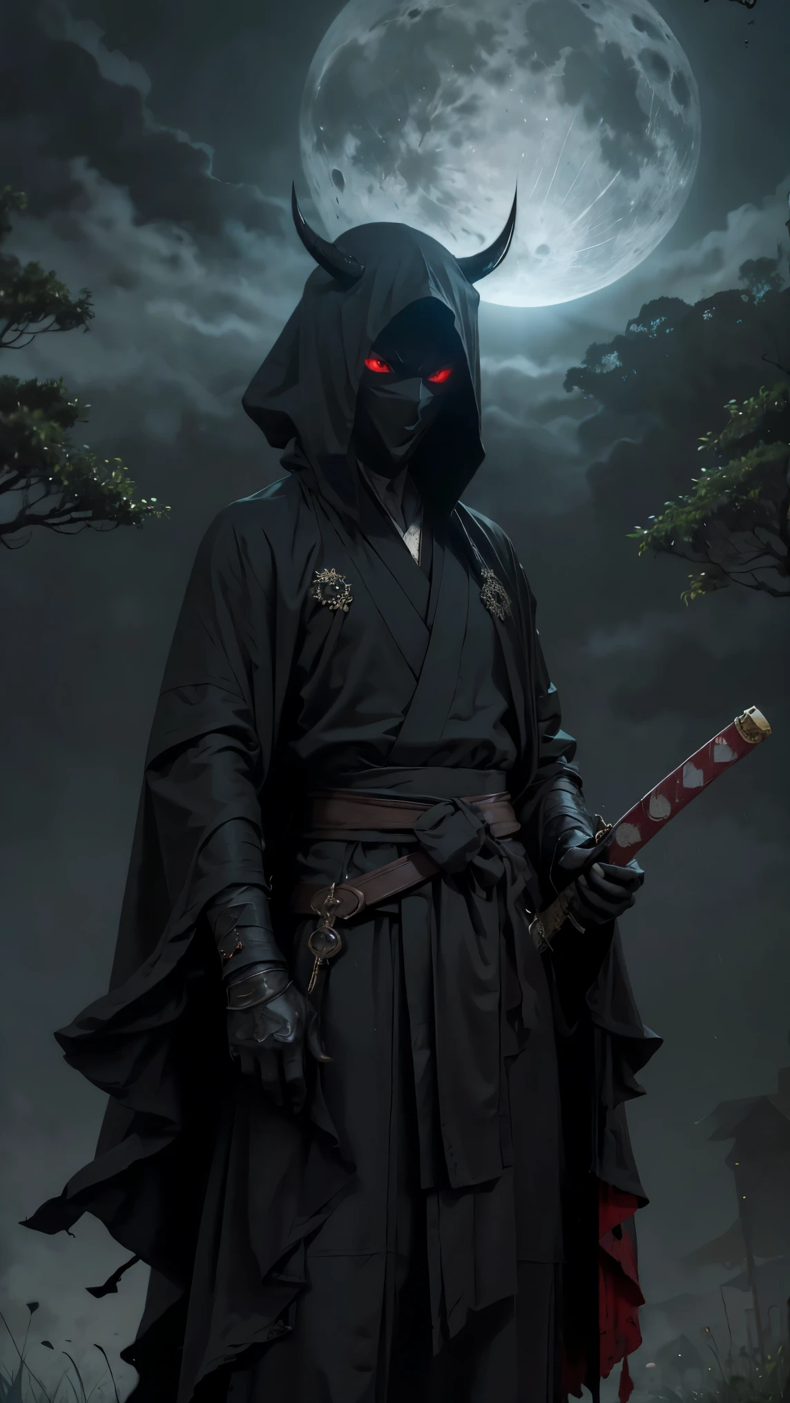 (Best Quality,ultra detailed),dark,wet,artificial raindrops falling,ancient japanese warrior standing in the rain,japanese traditional bamboo hat(fail),dense forest landscape,majestic and serene nature,full moon shining brightly in the night sky,black kimono with fluorescent red stripes that glow in the moonlight,samurai sword sharpened and drawn(katana),(detailed horned mask:1.2),(dark,devil) atmosphere,(Mysterious,ominous,sandy) texture,1 demonic character,sharp teeth,bright red eyes,long sharp horns,pale skin,black claws,overgrown dark forest,ominous moonlight,dense fog,creepy atmosphere,blood red color scheme,haunting shadows,spooky fog,horror genre,nightmarish,dynamic lighting,High contrast,ethereal feeling,vivid colors
