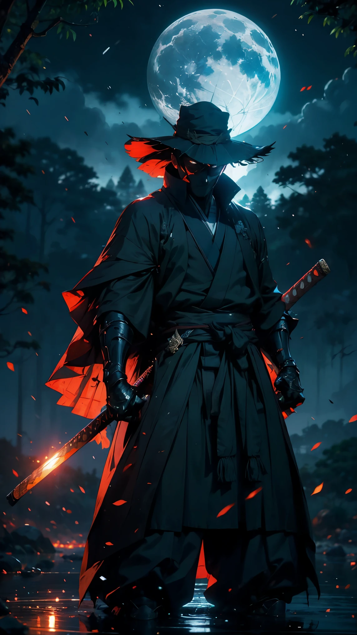 (Best Quality,ultra detailed),dark,wet,artificial raindrops falling,ancient japanese warrior standing in the rain,japanese traditional bamboo hat(fail),dense forest landscape,majestic and serene nature,full moon shining brightly in the night sky,black kimono with fluorescent red stripes that glow in the moonlight,samurai sword sharpened and drawn(katana),