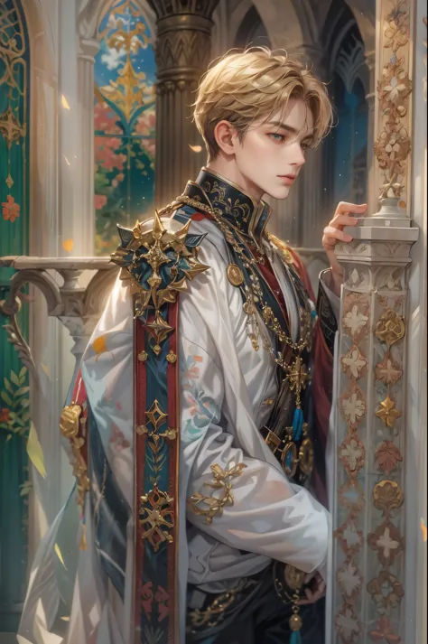 ((best quality)), ((masterpiece)), (detailed), ((perfect face)), ((halfbody)) "captivate the view: a handsome prince reflecting ...