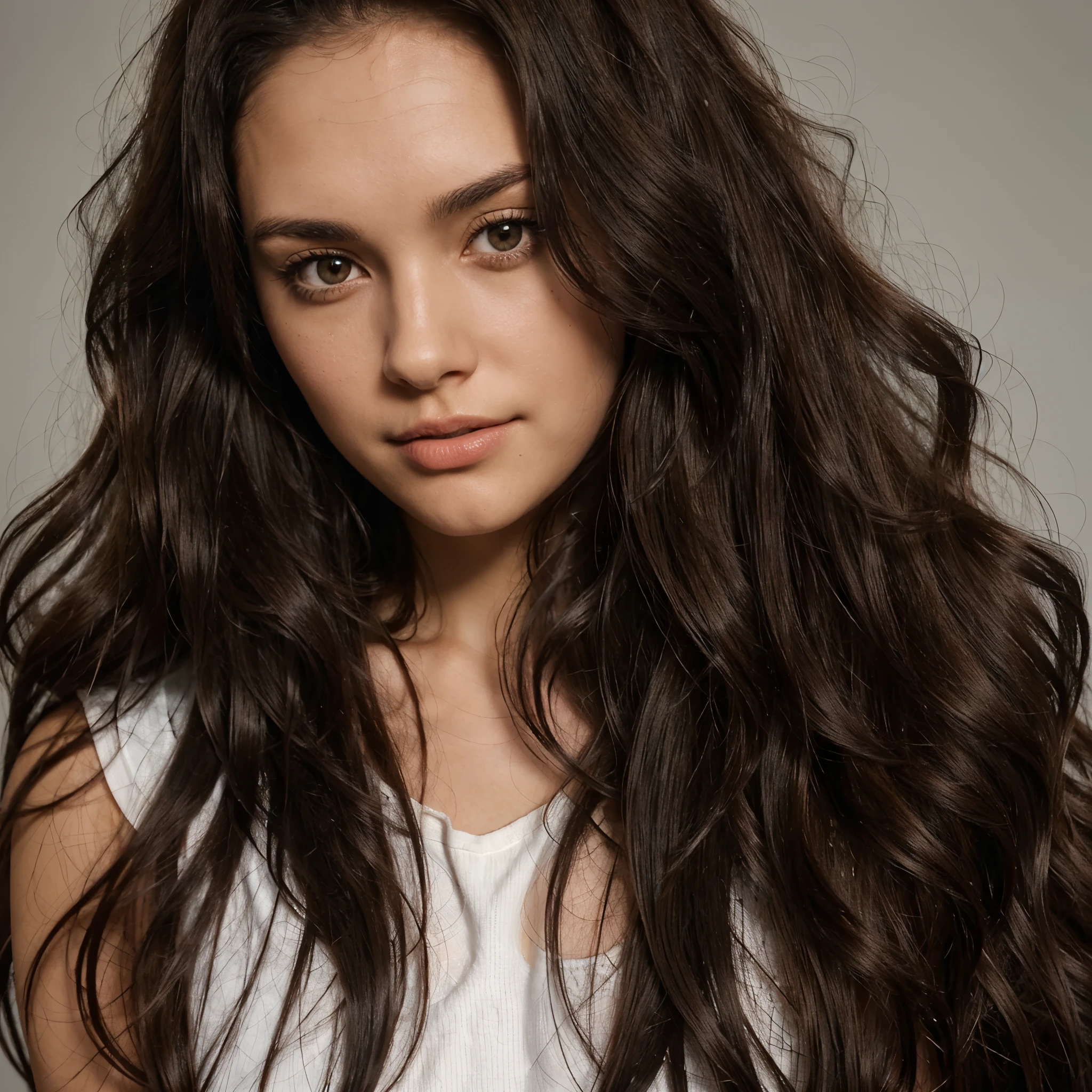 A close up of a woman with long brown hair and a white shirt - SeaArt AI