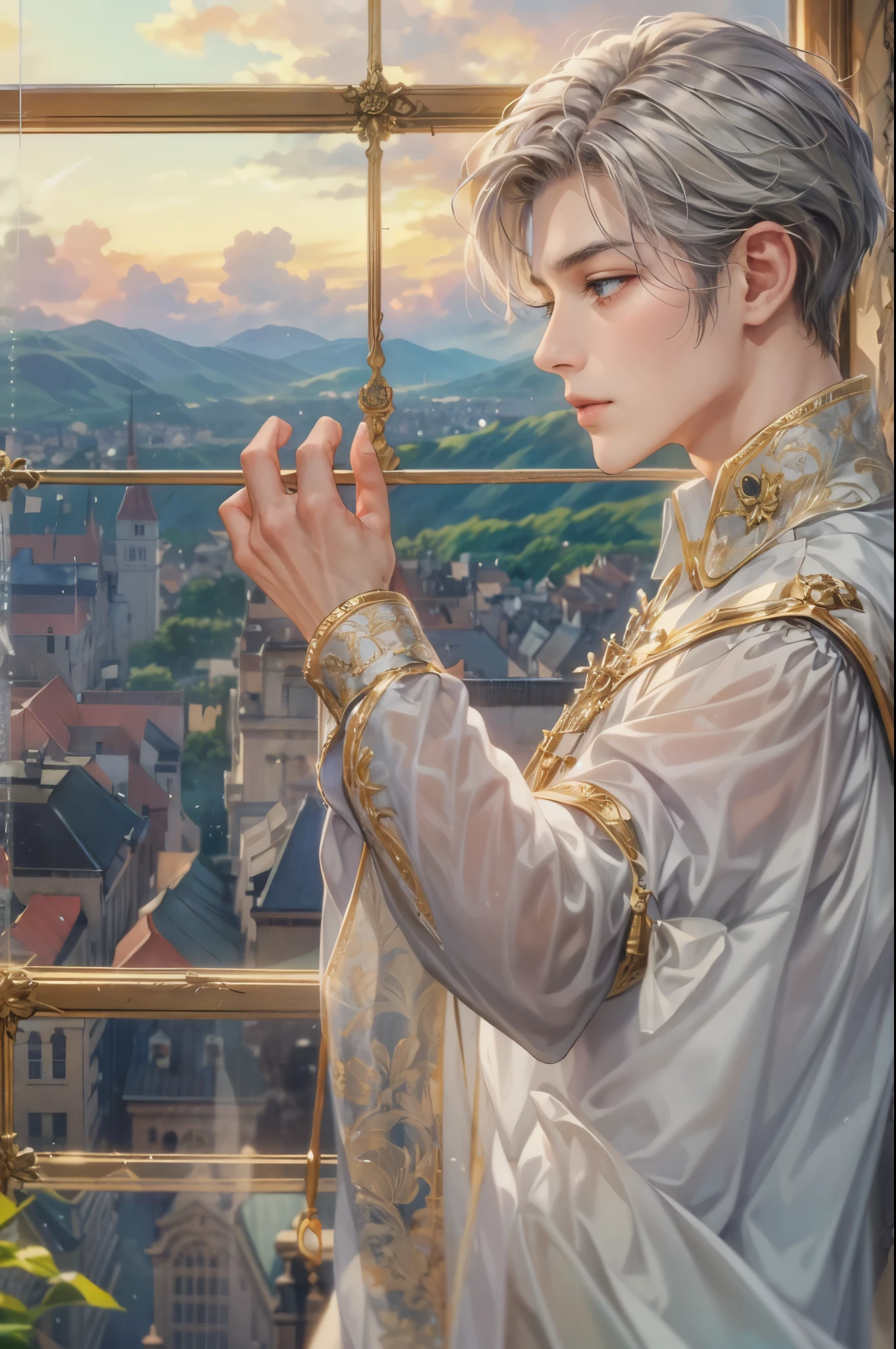 ((Best quality)), ((masterpiece)), (detailed), ((perfect face)), ((halfbody)) "Captivate the View: A Handsome Prince Reflecting on Life's Transitions from His Comfortable Window Perch of the cathedral"