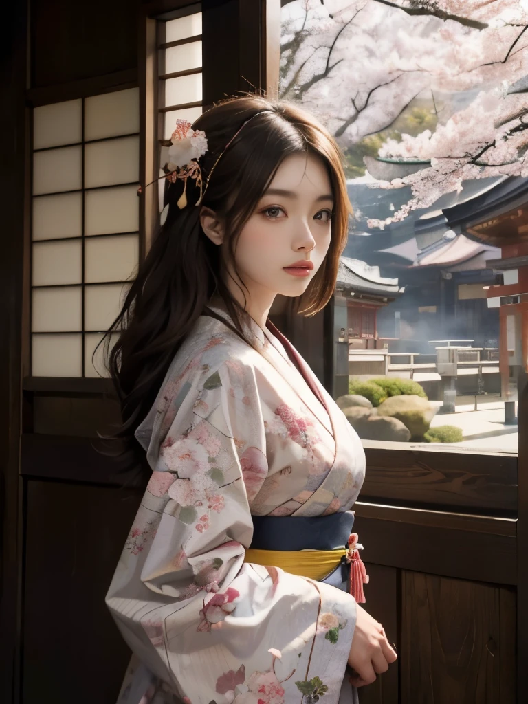 (arrière-plan：Les montagnes sont pleines de fleurs de cerisier et de brouillard)((Ukiyo-e))art japonais,ou période,art de tokyo, lis,Paysage naturel.(membrane masséter、qualité supérieure、Style Ukiyo-e、mystère、Exquis et beau、art officiel、Sharaku:1.2)、(1 fille japonaise dans:1.3)、(art fractal:1.3)、Tir de cow-boy、peau blanche、(belle brune、kimono:1.2)、以日本传统表演艺术为arrière-plan、riche et coloré、(bobine、Appartient au style japonais:1.2)、