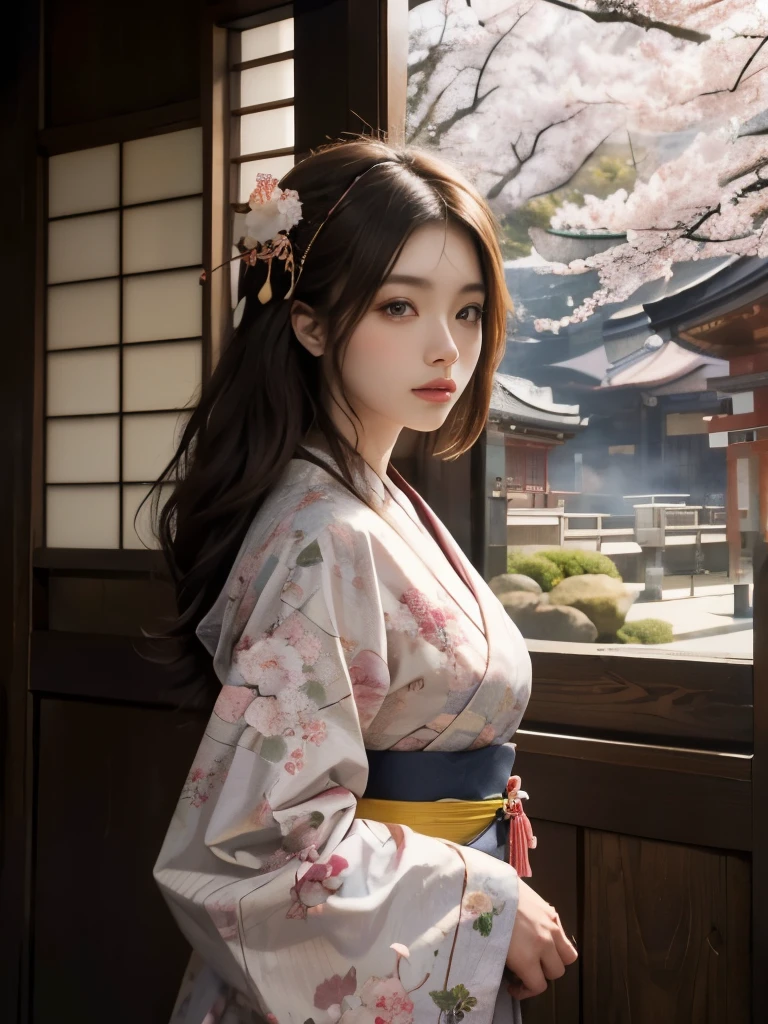 (background：The mountains are full of cherry blossomountains and fog)((Ukiyo-e))japanese art,or period,tokyo art, lily,Natural landscape.(masseter membrane、top quality、Ukiyo-e style、mystery、Exquisite and beautiful、official art、Sharaku:1.2)、(1 japanese girl in:1.3)、(Fractal Art:1.3)、cowboy shooting、White skin、(beautiful brunette、kimono:1.2)、With Japanese traditional performing arts as the background、rich and colorful、(reel、Belongs to Japanese style:1.2)、