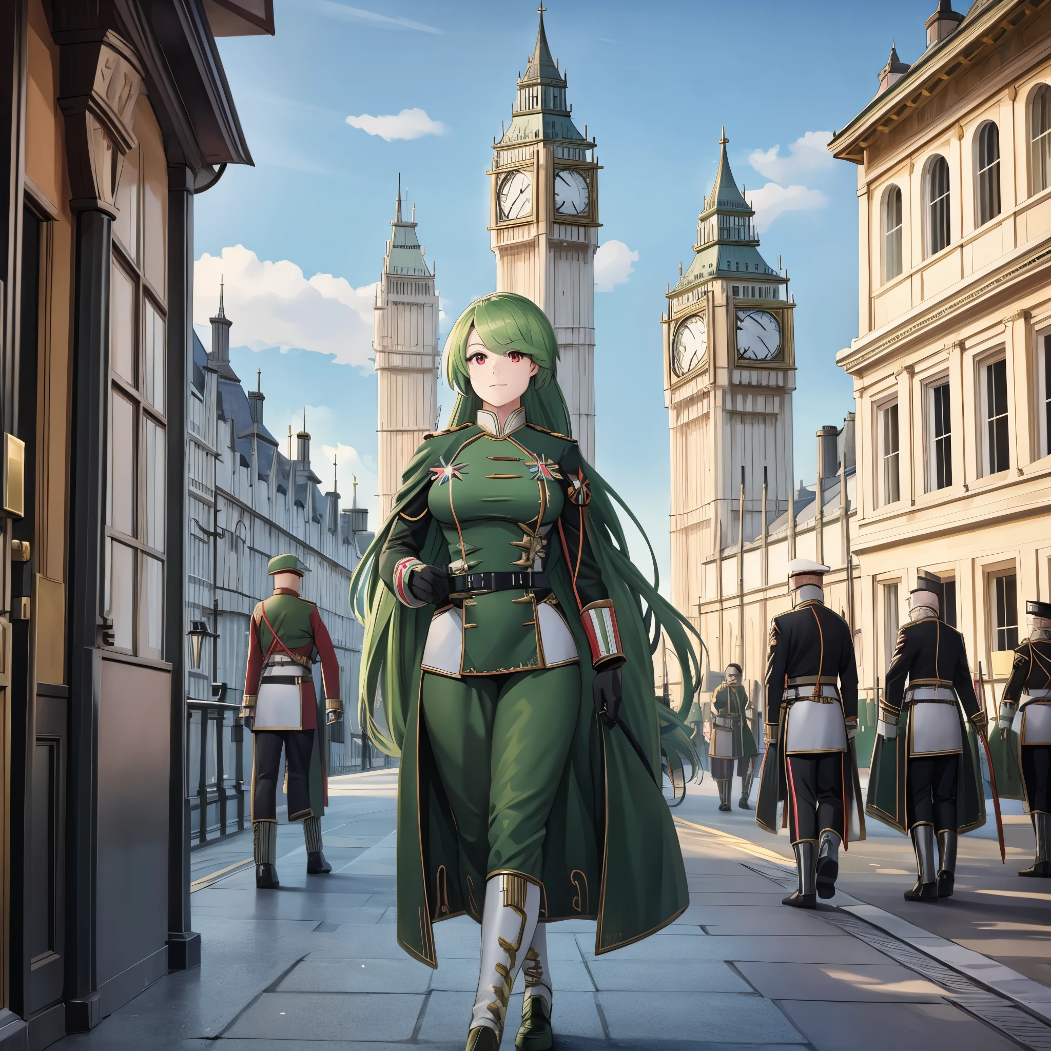 Uma mulher vestindo roupas militares verdes com detalhes dourados, Cabelo verde comprido, olhos vermelhos, andando em uma cidade de Londres com a Torre Big Ben ao fundo, vários soldados da Guarda Real marchando ao fundo, decorações em todos os lugares
