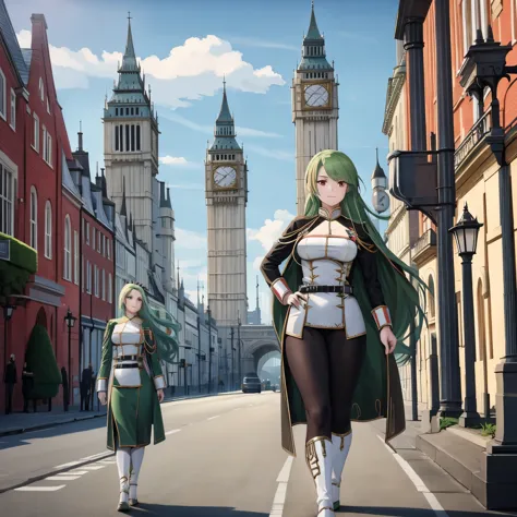A woman wearing green military clothing with gold details, long green hair, red eyes, walking in a city of London with the Big B...