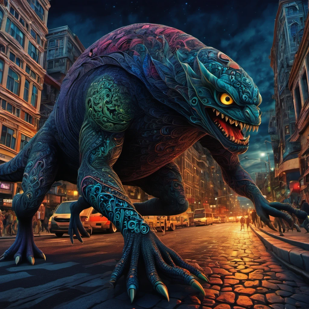 (best quality, highres, ultra sharp), magical ,giant creature of the dark, extreme bigger than buildings, breaking buildings and cars, in the street next a city, zentangle, full colored, 3d crunch, realistic feeling, terrorific scene, people running, panic, cars, buses, dark tones,