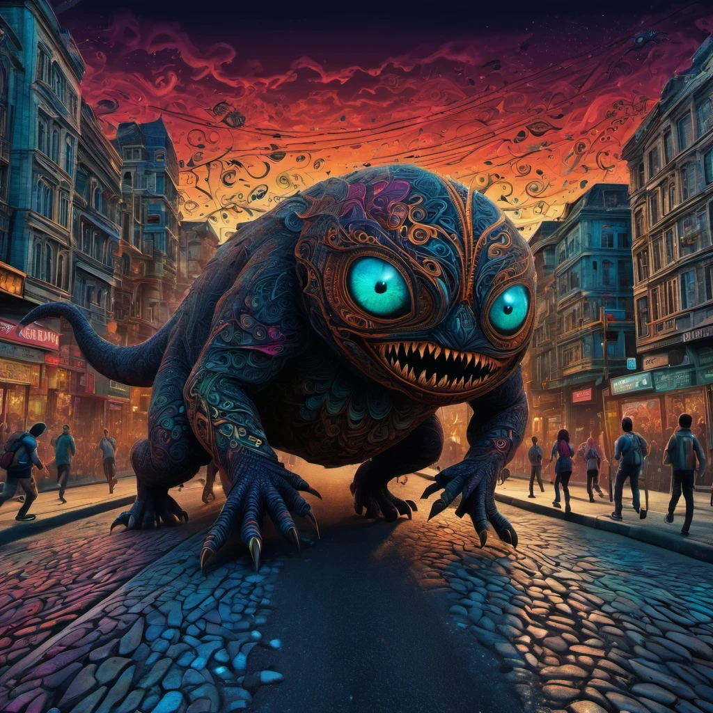 (best quality, highres, ultra sharp), magical ,giant creature of the dark, extreme bigger than buildings, breaking buildings and cars, in the street next a city, zentangle, full colored, 3d crunch, realistic feeling, terrorific scene, people running, panic, cars, buses, dark tones,