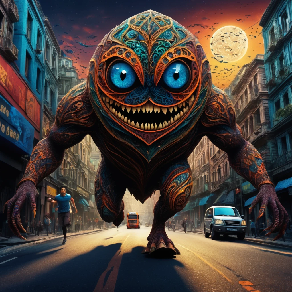 (best quality, highres, ultra sharp), magical ,giant creature of the dark, extreme bigger than buildings, breaking buildings and cars, in the street next a city, zentangle, full colored, 3d crunch, realistic feeling, terrorific scene, people running, panic, cars, buses, dark tones,