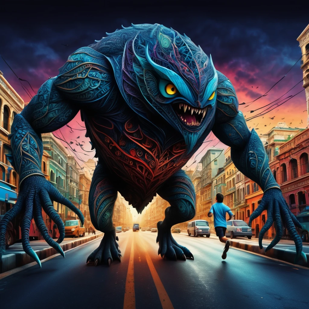 (best quality, highres, ultra sharp), magical ,giant creature of the dark, extreme bigger than buildings, breaking buildings and cars, in the street next a city, zentangle, full colored, 3d crunch, realistic feeling, terrorific scene, people running, panic, cars, buses, dark tones,