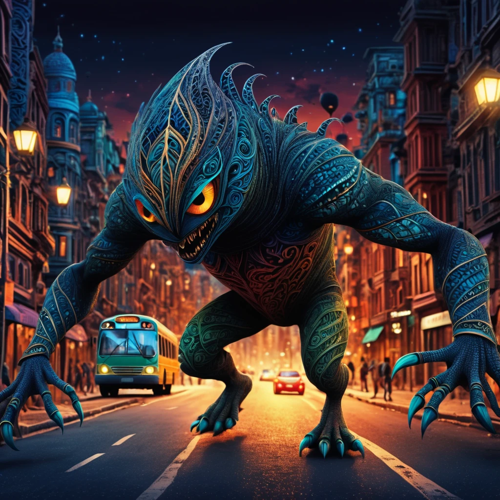 (best quality, highres, ultra sharp), magical ,giant creature of the dark, extreme bigger than buildings, breaking buildings and cars, in the street next a city, zentangle, full colored, 3d crunch, realistic feeling, terrorific scene, people running, panic, cars, buses, dark tones,