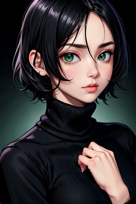 1girl, short black hair, green eyes, athletic, wearing black turtleneck sweater, absurdres, highres, masterpiece, looking at vie...