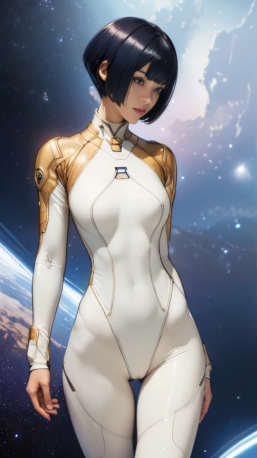 (masterpiece、highest quality、highest resolution、clear_image、Detailed details): (full body figure、15 year old girl、Japanese face、small face、thin、navy blue super short bob cut hair、blue colored eyes、((navy long sleeve space suit、space helmet))、headset、cosmic handbag、cute type、gentle smile、soft expression、headset、(((knee high boots)))、gloves up to the elbow、eye level shot、face directly、woman on a spaceship), (((camel toe))), ((Pure white leotard))