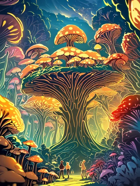 ((giant mushrooms and small people walking underneath:1.5)), ((epic and dramatic jungle landscape scene:1.5)),((Imaginative scen...