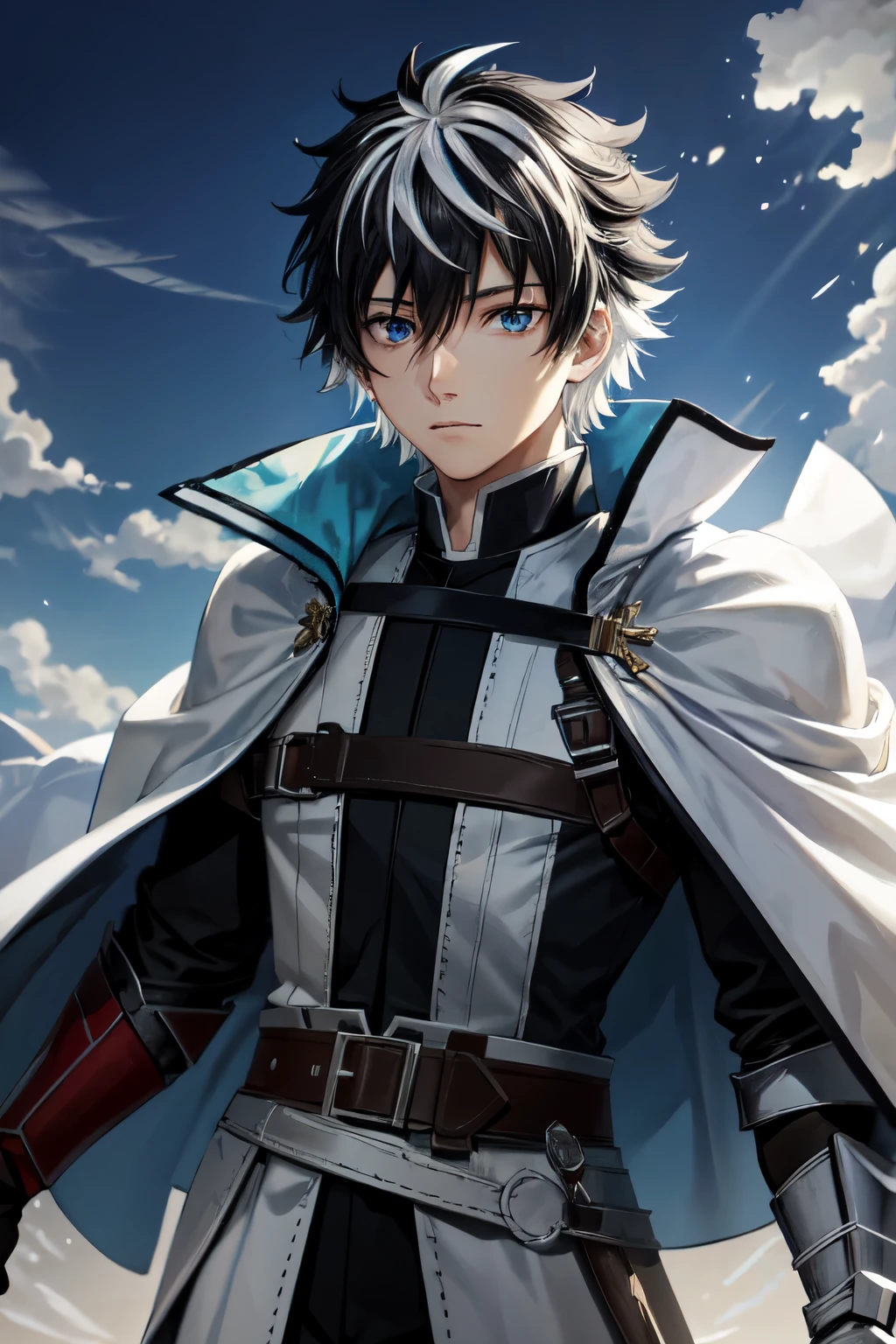 charlemagne\(fate\), solo, 1boy, looking at viewer, male focus, blue eyes, short hair, bangs, black hair, hair between eyes, white hair, multicolored hair, two-tone hair, gloves, belt, white cape, gauntlets, greaves, blue sky, cloud, castle, 