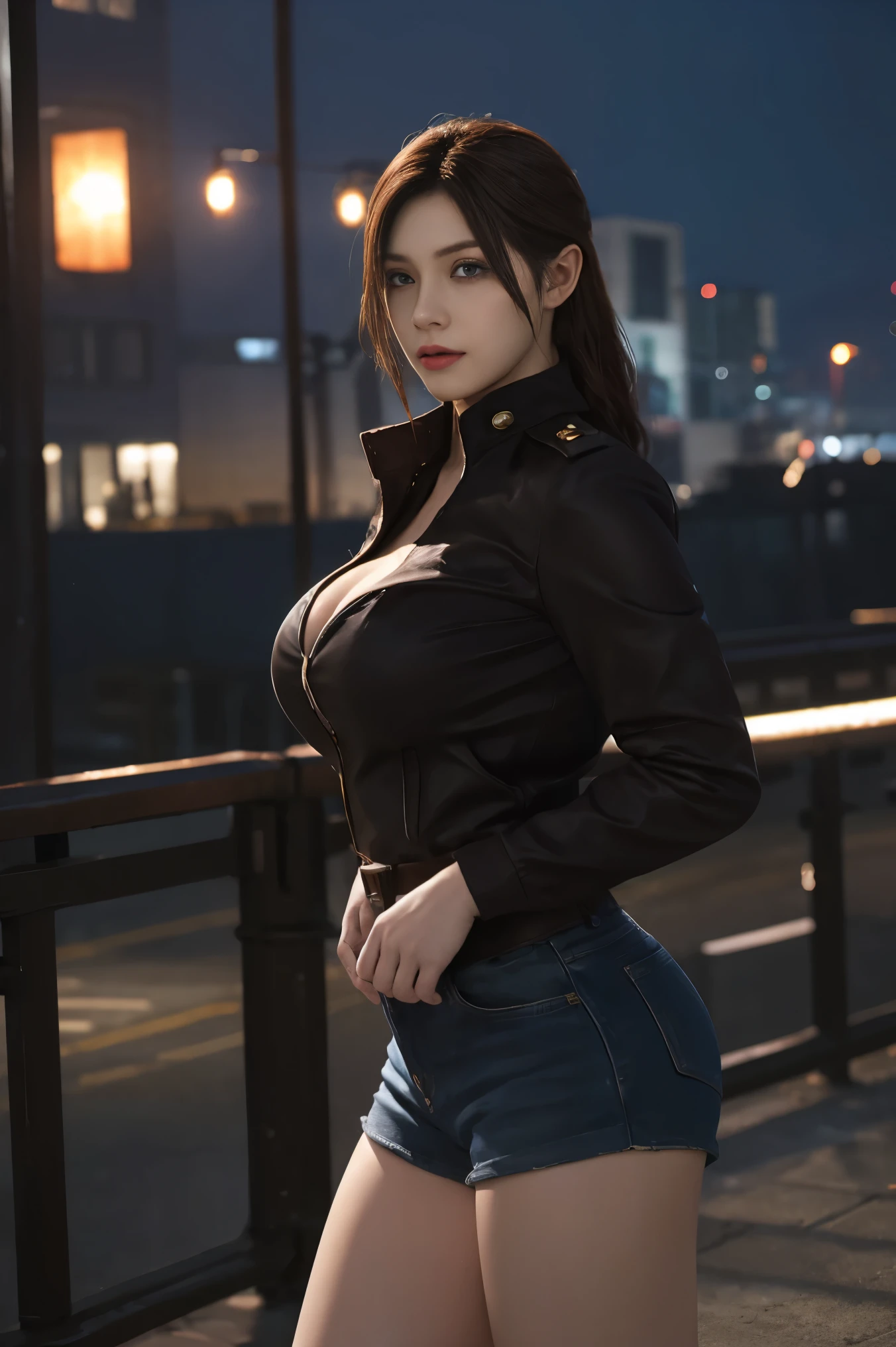 Claire Redfield de Resident Evil, posando seductoramente para el espectador, solo:1, tirar, hermosos muslos gruesos, vista frontal Fondo de ciudad soleada, pelo largo, 3/4 cuerpo, uniforme del ejército