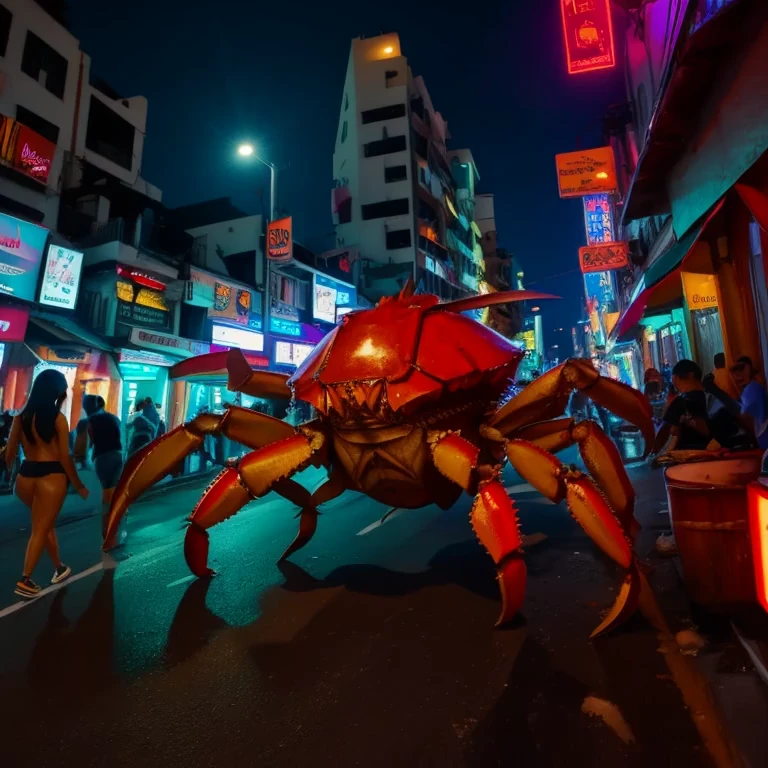 A giant creature (crab|shark|bird), in Bangkok, chases a Ladyboy (dressed to party), late at night in the red light district