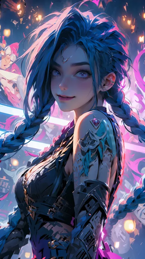 Jinx, League of Legends, completely nude, big , gorgeous body, crazed sexual look on her face. 