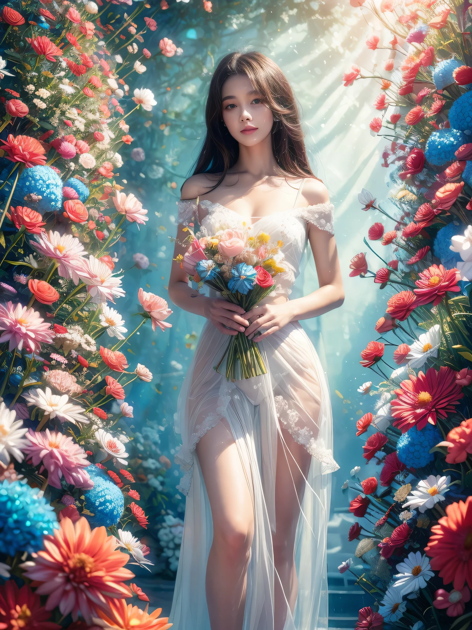 (Fashion magazine blockbuster:1.2),(attractive woman:1.3),(beautiful and delicate eyes:1.2),(Fashion clothing design:1.2),(Tulle texture:1.1),turquoise flowers,surrounded by flowers,Crystal clear dew,Fresh and elegant,(flowers blooming wildly:1.2),delicate buds,turquoise atmosphere,(masterpiece:1,2),best quality,masterpiece,high resolution,The original,Very detailed wallpaper,perfect lighting,(Extremely detailed CG:1.2)flowers,turquoise flowers,full_Body, huge_Chest, whole Body