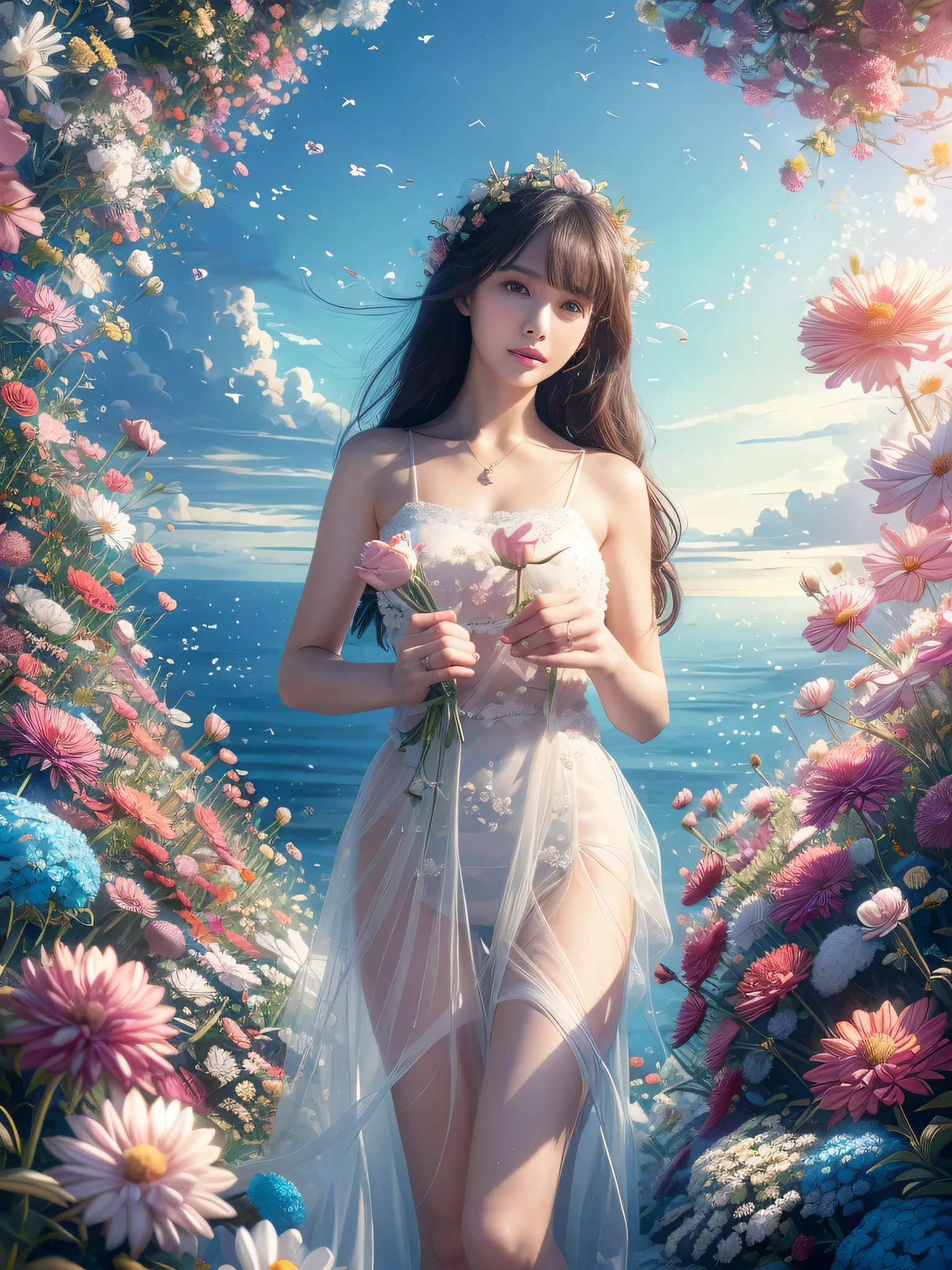 (Fashion magazine blockbuster:1.2),(attractive woman:1.3),(beautiful and delicate eyes:1.2),(Fashion clothing design:1.2),(Tulle texture:1.1),turquoise flowers,surrounded by flowers,Crystal clear dew,Fresh and elegant,(flowers blooming wildly:1.2),delicate buds,turquoise atmosphere,(masterpiece:1,2),best quality,masterpiece,high resolution,The original,Very detailed wallpaper,perfect lighting,(Extremely detailed CG:1.2)flowers,turquoise flowers,full_Body, huge_Chest, whole Body