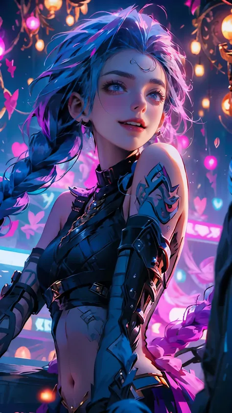 jinx, league of legends, completely nude, big , gorgeous body, crazed sexual look on her face.