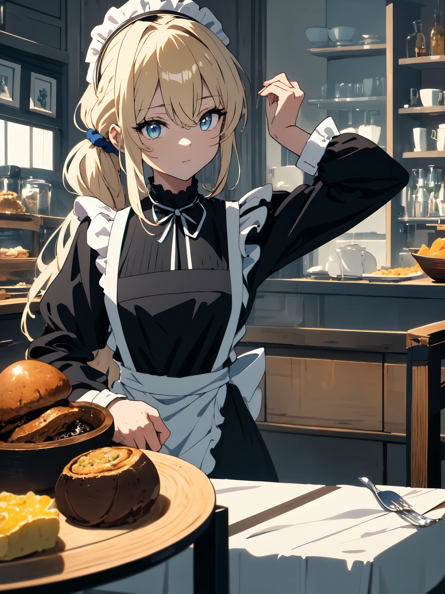 (masterpiece, highest quality, High resolution、be familiar with), (shining eyes)、1 girl,blonde hair, maid, blue eyes, side ponytail, hair scrunchie, hair ornaments, blue scrunchie, maid headdress, apron, (Many Russian dishes are arranged on the table.、White tablecloth)hair between eyes, chest, long sleeve, bangs, white shirt, black dress, side lock, maid apron, black pantyhose,  cowboy shot,indoor、Western-style room、beautiful anime