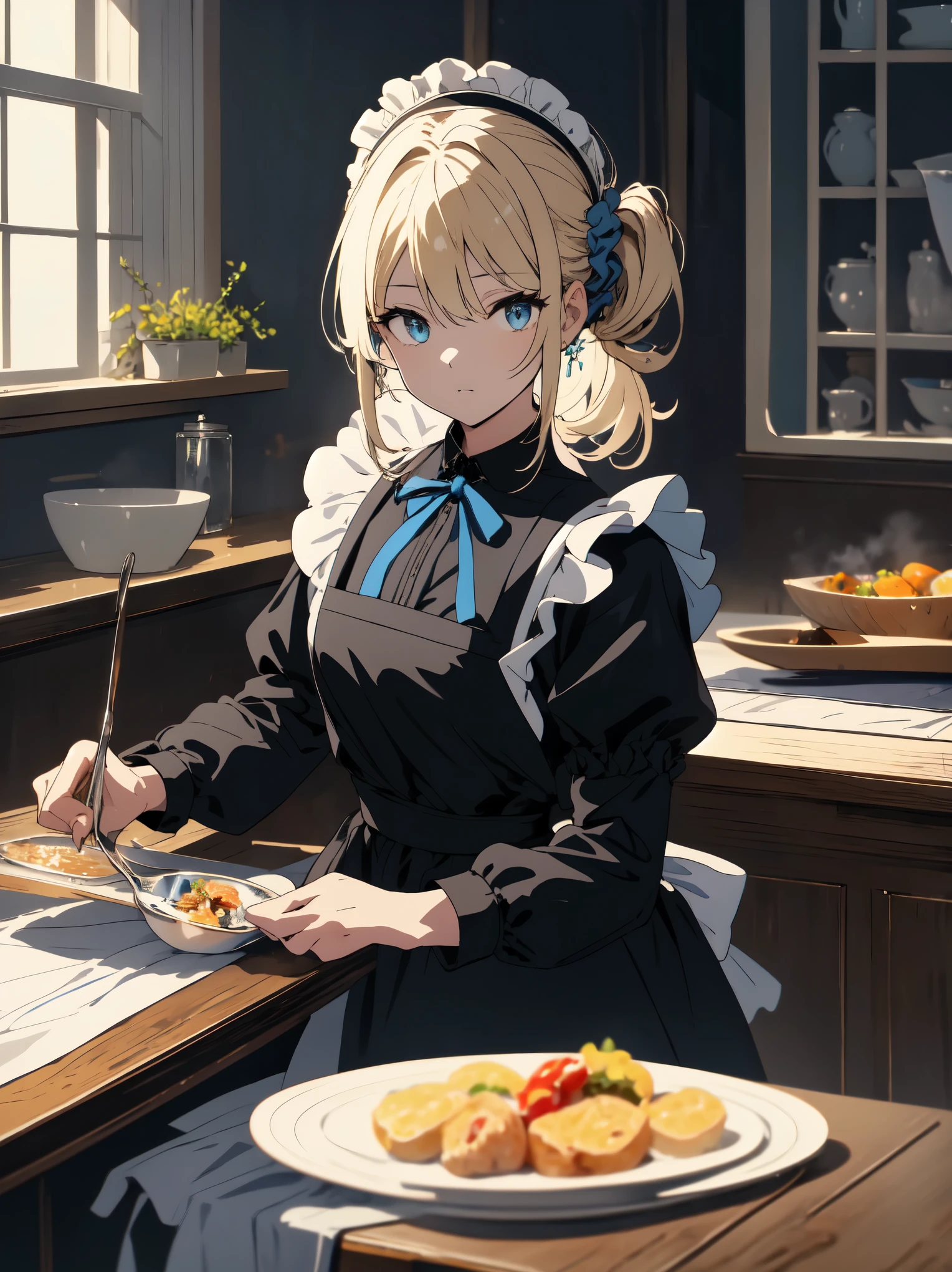 (masterpiece, highest quality, High resolution、be familiar with), (shining eyes)、1 girl,blonde hair, maid, blue eyes, side ponytail, hair scrunchie, hair ornaments, blue scrunchie, maid headdress, apron, (Many Russian dishes are arranged on the table.、White tablecloth)hair between eyes, chest, long sleeve, bangs, white shirt, black dress, side lock, maid apron, black pantyhose,  cowboy shot,indoor、Western-style room、beautiful anime