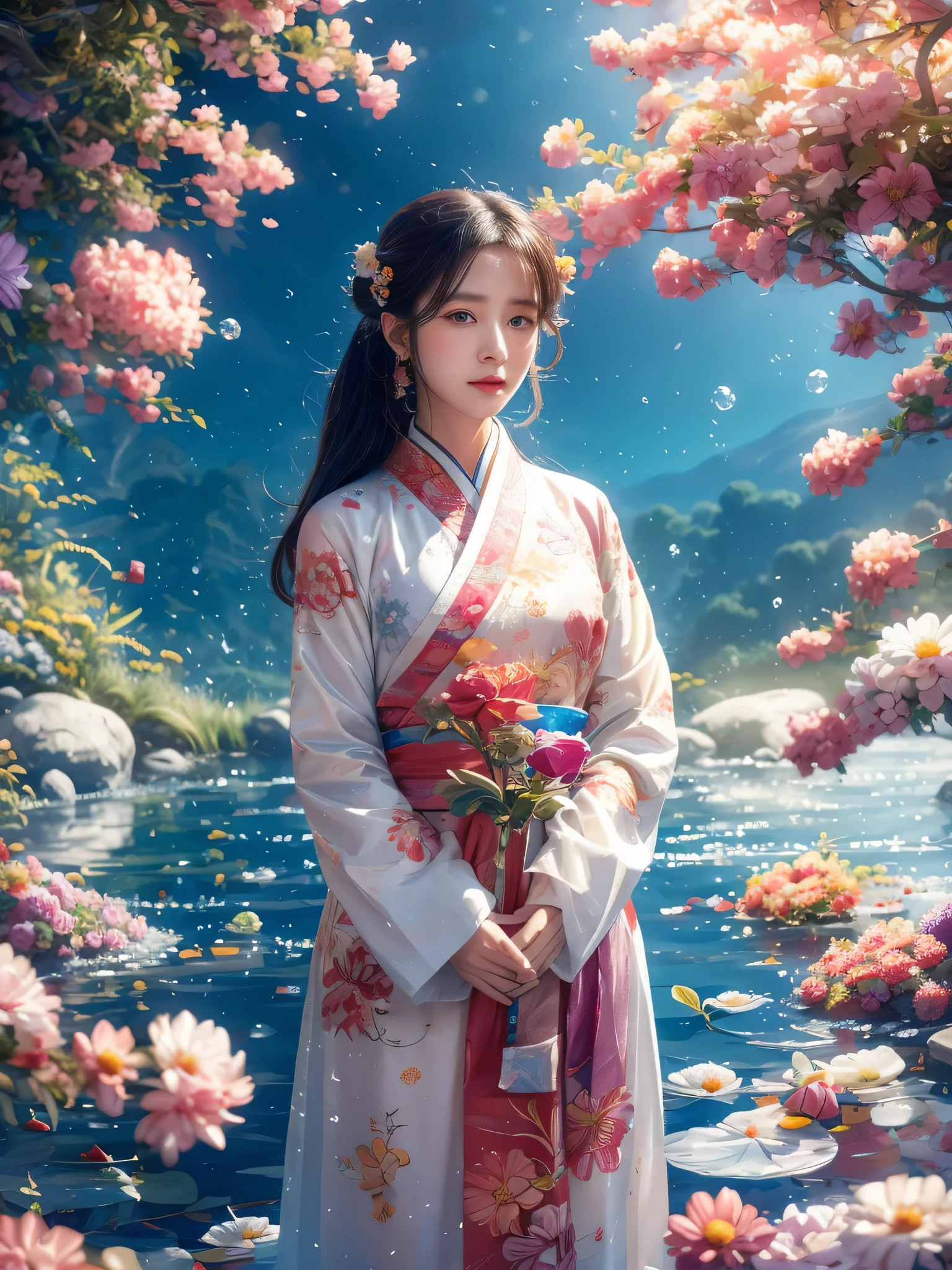 Colorful,Surrounded by blisters,Anime style oil painting,Chinese girl,Hanfu,