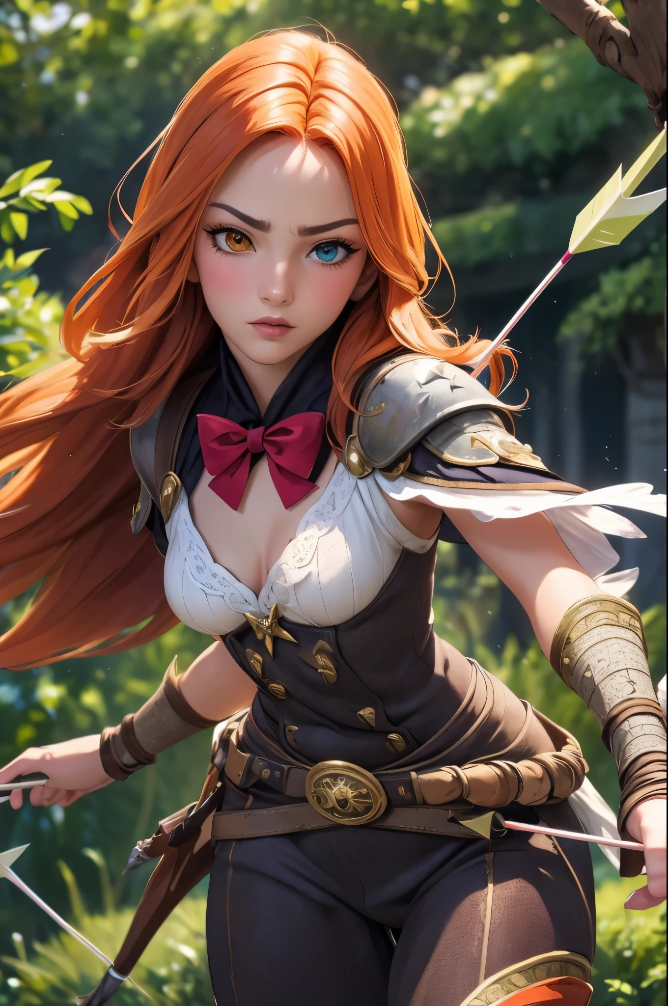 (best quality,4k,highres),ultra-detailed,realistic,portrait style,bright colors,dynamic lighting,monster hunter reference,majestic landscape,orange hair,(heterochromia:1.1),small,fierce and determined expression,elaborate archer costume,arrow pulled back in the bow,strong physical stance,flying arrows in the background,impressive bow design,foreboding atmosphere,flawless makeup,sharp focus,detailed facial features,lush greenery,sunlight filtering through trees,dappled shadows,strong perspective,highly textured outfit,craftsmanship attention to fine details,colorful backdrop,exquisite jewelry,fluid and elegant movement,beautifully curved bow,confident and commanding presence,fantasy adventure theme.