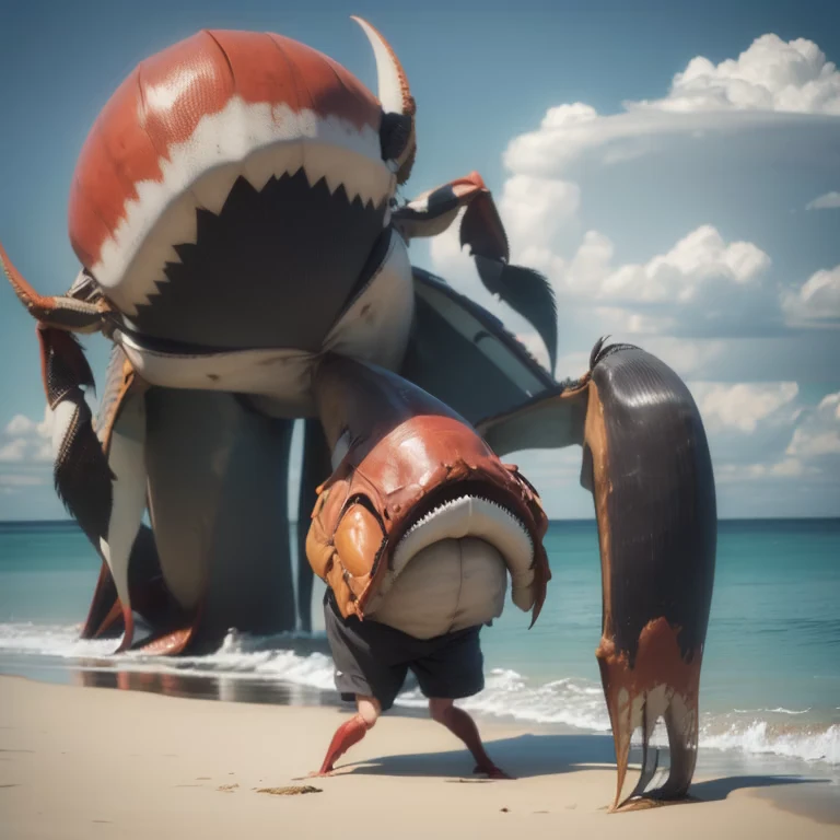 A giant creature (crab|shark|bird), on the beach, chases an old Japanese man wearing long shorts and flip flops