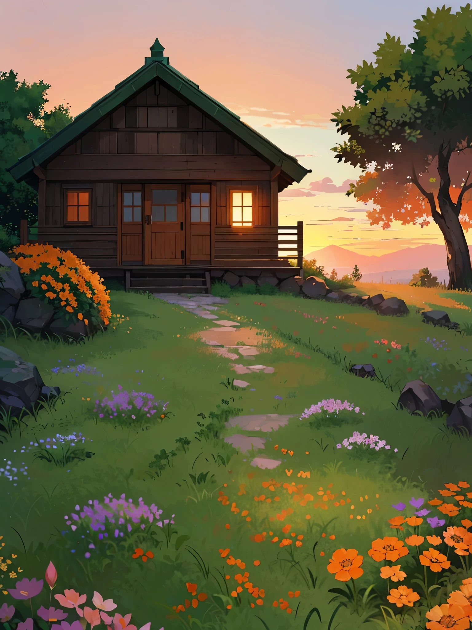 fantasy flora gardens with an old small indian broken hut covered with moss, flowers all over the place, soft volumetric light, bushes, grass, stone path, wooden fencing, bright burnt orange sunset sky, colorful flowers everywhere