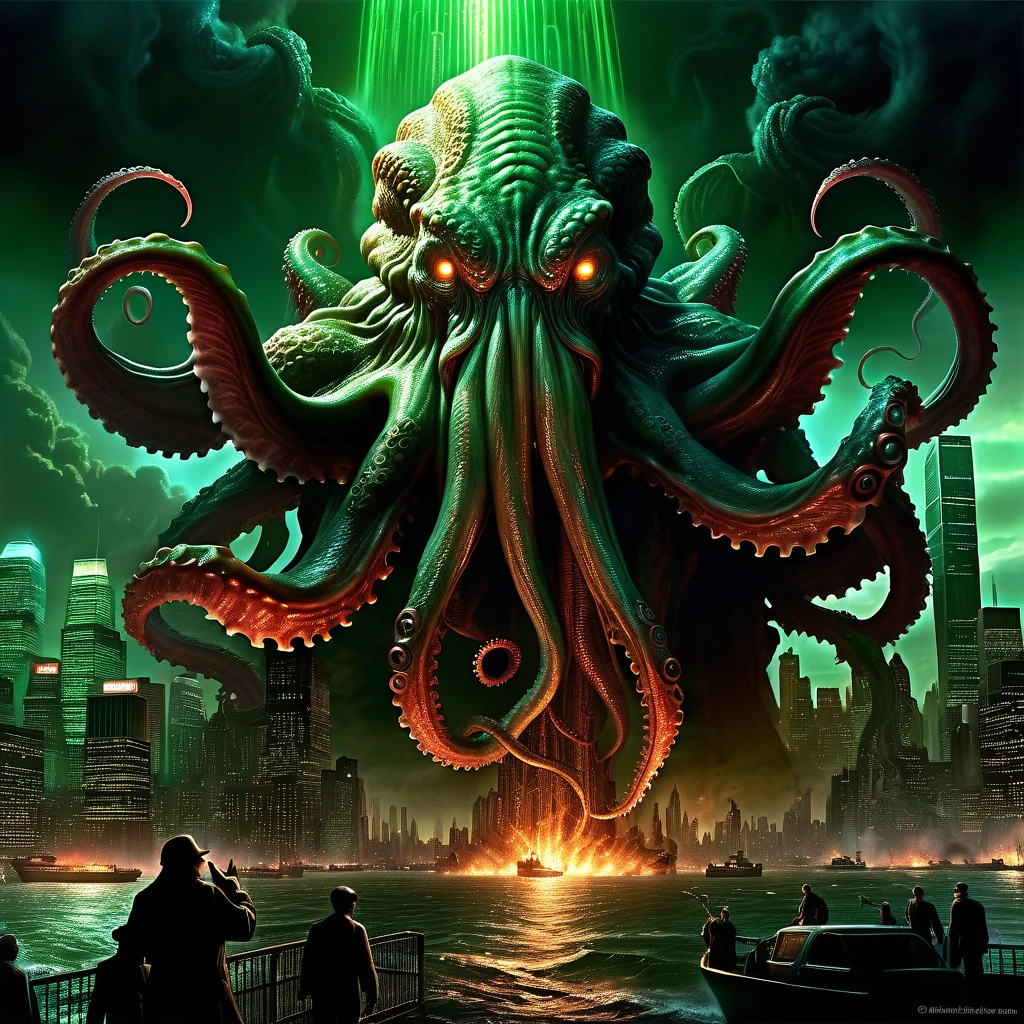 Massive Cthulhu emerges from the depths, towering over a sprawling metropolis, tsunamic fury reshaping the cityscape, chaos unfurling beneath its weight, horror and disaster entwined, in a hyperrealistic, hyperdetailed matte painting reminiscent of a Steven Spielberg epic, sharp focus capturing the chaos of colliding worlds, illuminated by the eerie glow of emitting diodes, smoke veiling. High Resolution, High Quality, Masterpiece. best quality, masterpiece, super detail