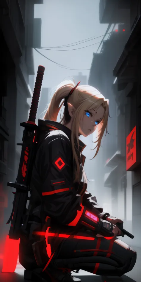 long hair, blonde hair, pointy ears, techwear jacket, anatomically correct, anime girl kneeling down with a sword in her hand, b...