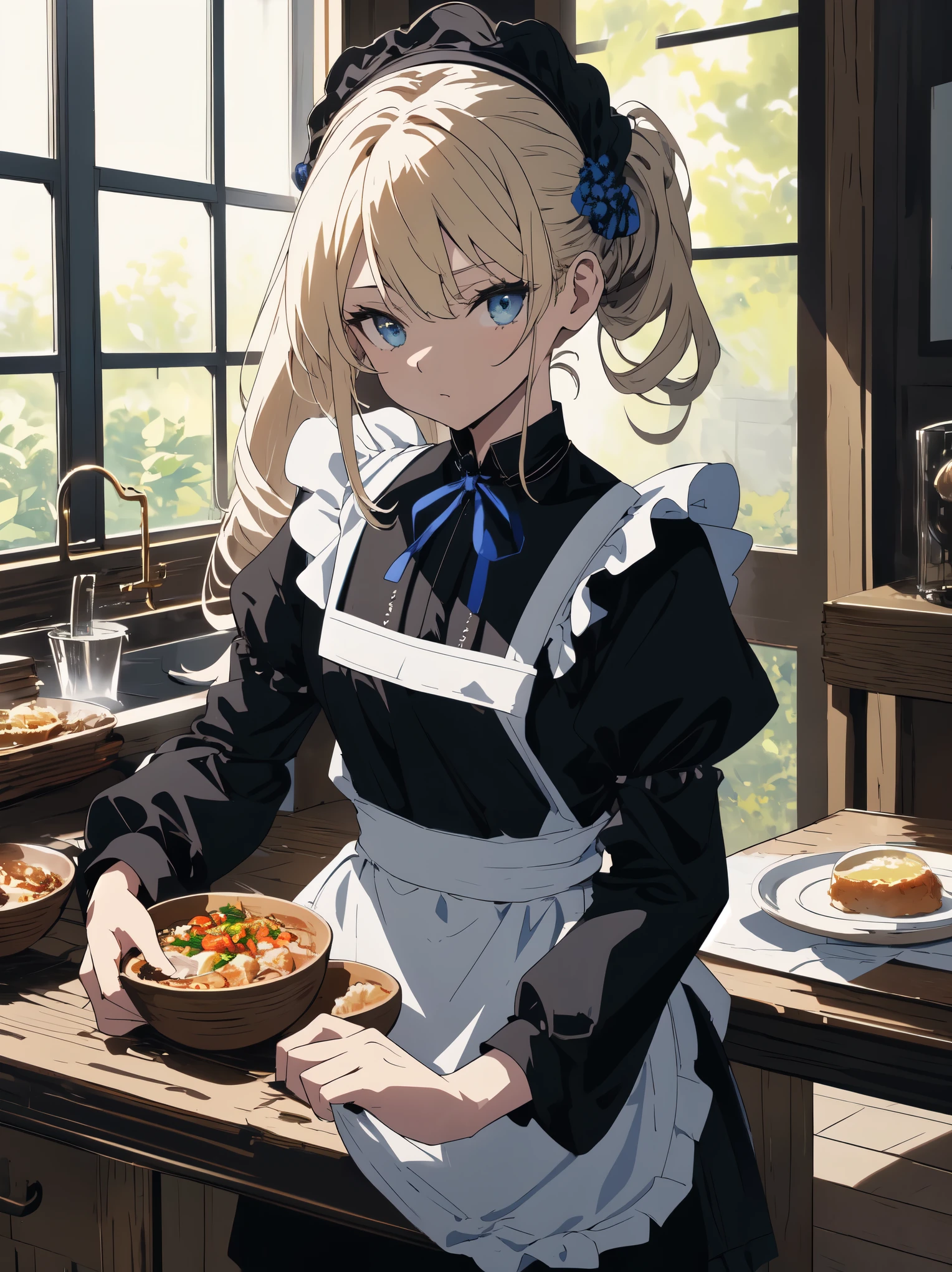 (masterpiece, highest quality, High resolution、be familiar with), (shining eyes)、1 girl,blonde hair, maid, blue eyes, side ponytail, hair scrunchie, hair ornaments, blue scrunchie, maid headdress, apron, (Many Russian dishes are arranged on the table.、White tablecloth)hair between eyes, chest, long sleeve, bangs, white shirt, black dress, side lock, maid apron, black pantyhose,  cowboy shot,indoor、Western-style room、beautiful anime