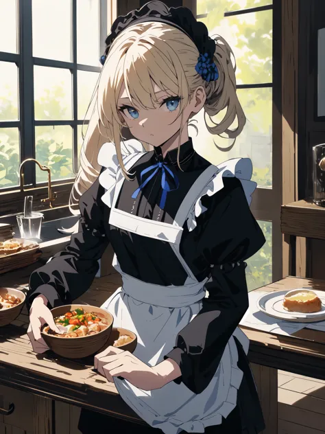 (masterpiece, highest quality, high resolution、be familiar with), (shining eyes)、1 girl,blonde hair, maid, blue eyes, side ponyt...