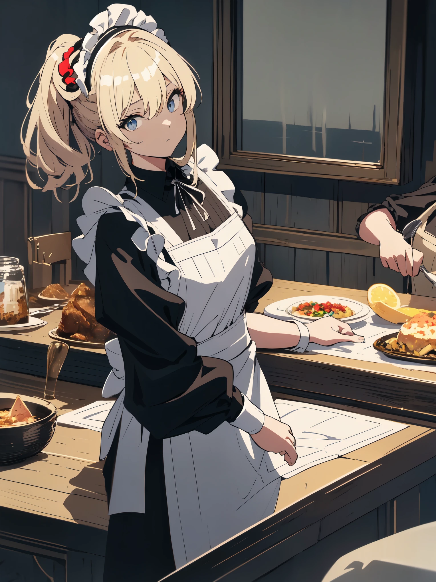 (masterpiece, highest quality, High resolution、be familiar with), (shining eyes)、1 girl,blonde hair, maid, blue eyes, side ponytail, hair scrunchie, hair ornaments, blue scrunchie, maid headdress, apron, (Many Russian dishes are arranged on the table.、White tablecloth)hair between eyes, chest, long sleeve, bangs, white shirt, black dress, side lock, maid apron, black pantyhose,  cowboy shot,indoor、Western-style room、beautiful anime