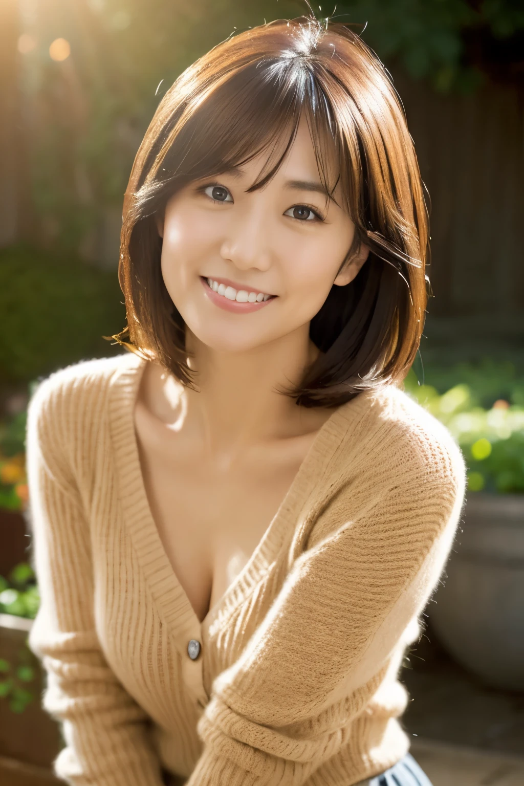 portrait, 8K, high quality, realistic photo images, 39 years old, japanese woman, clear,sexy, Wearing a knitted sweater,Reproduces natural and realistic eyes, japanese stand, waiting for someone, beautiful brown hair, beautiful lighting, golden ratio composition, hair combing gesture, natural background, garden, 4K, high quality, realistic photo images, beautiful, chest, Neat beauty,