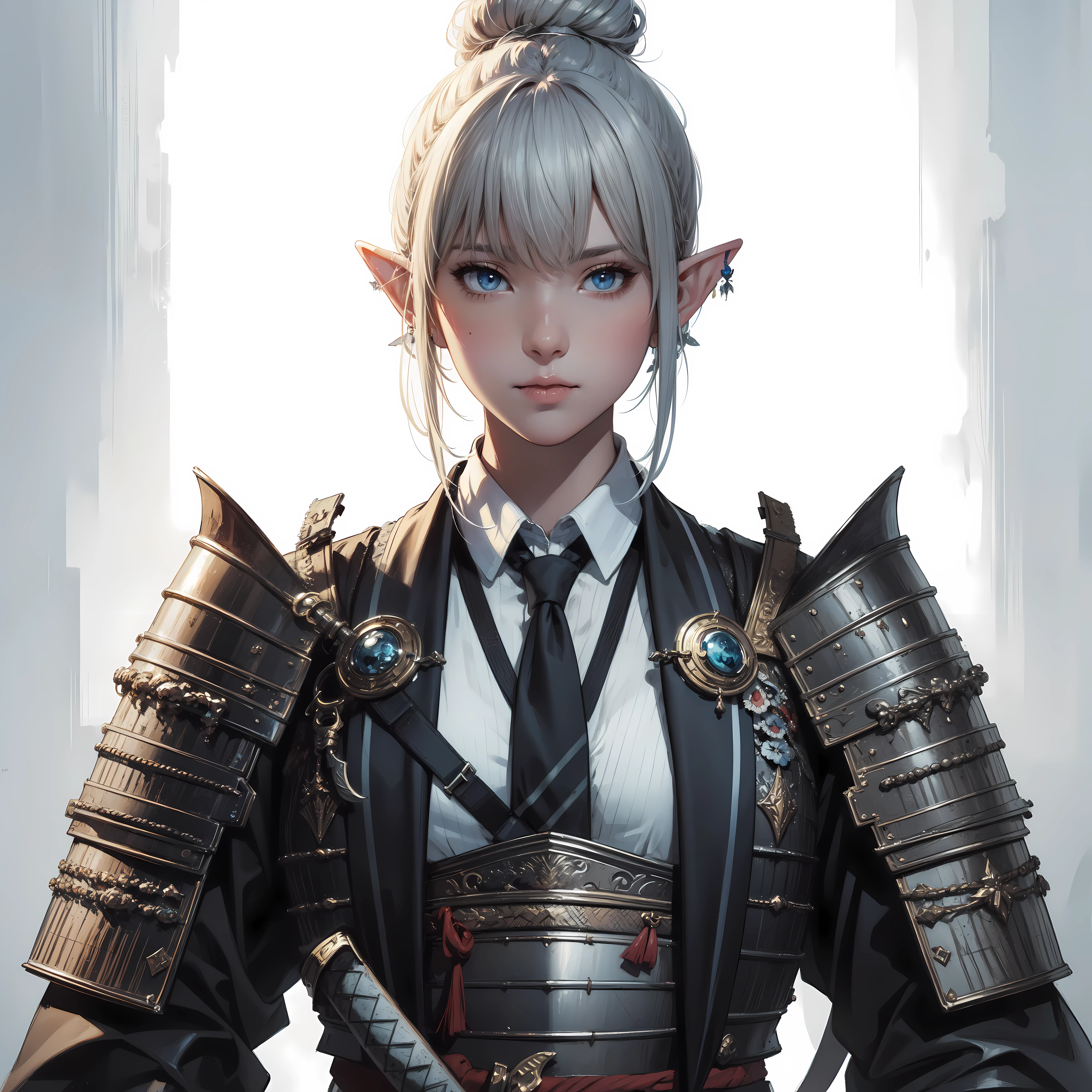 masterpiece, best quality, incredibly detailed, illustration, fantasy, portrait of Shogun elf female, solo, half body, bangs, pixie silver hair, hair bun, blue eyes, white shirt, suit with samurai armor, serious, mature, georgeous, seated office desk, from below, dynamics pose, concepts art by artgerm, ayami kojima, detailed by greg rutkowski, painting by wadim kashin, carne griffiths, arthur rackham.