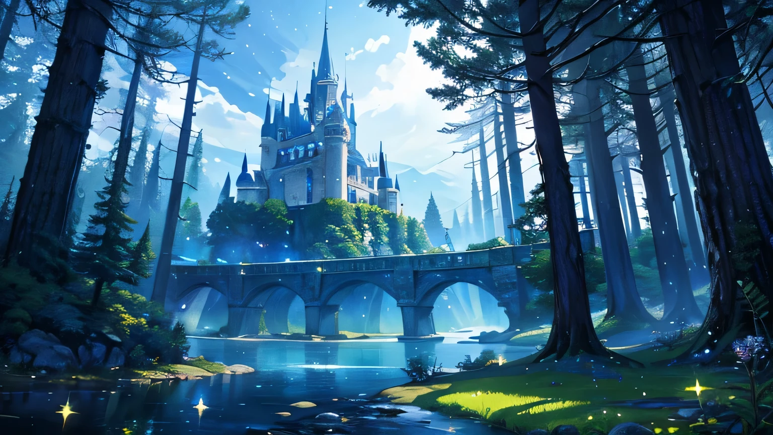 masterpiece, 8k, starry sky, many stars, night view, european castle, picture of a tree with a bridge,  magic tree, magic highly detailed fantasy, Made of trees and a fantastic valley, highly detailed fantasy, fantasy tree, magical world. colorful, detailed dreamscape, cosmic tree of life, fantasy magic plants, magical landscape, magical fantasy forest, Beautifully detailed fantasy, enchanted magical fantasy forest