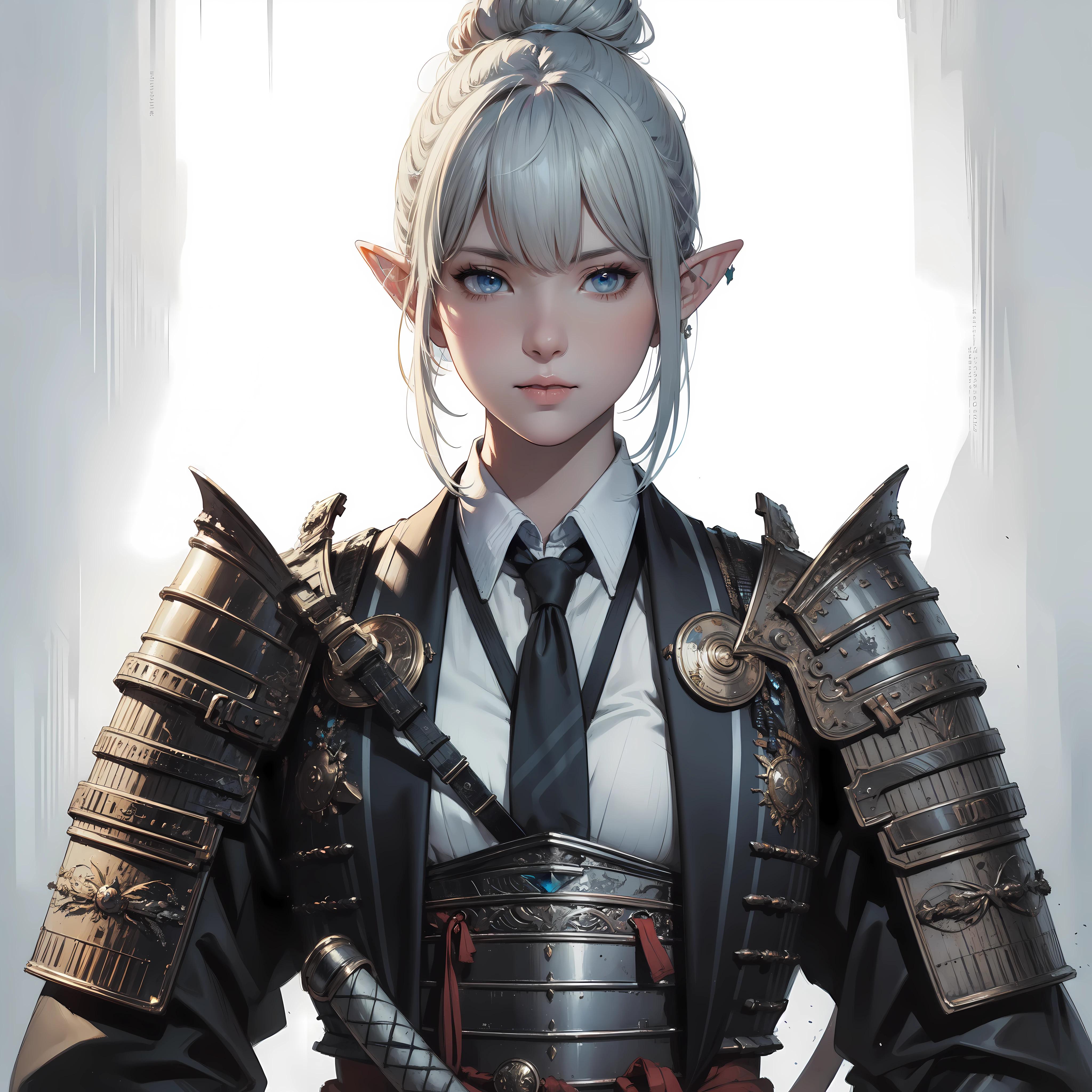masterpiece, best quality, incredibly detailed, illustration, fantasy, portrait of Shogun elf female, solo, half body, bangs, pixie silver hair, hair bun, blue eyes, white shirt, suit with samurai armor, serious, mature, georgeous, seated office desk, from below, dynamics pose, concepts art by artgerm, ayami kojima, detailed by greg rutkowski, painting by wadim kashin, carne griffiths, arthur rackham.